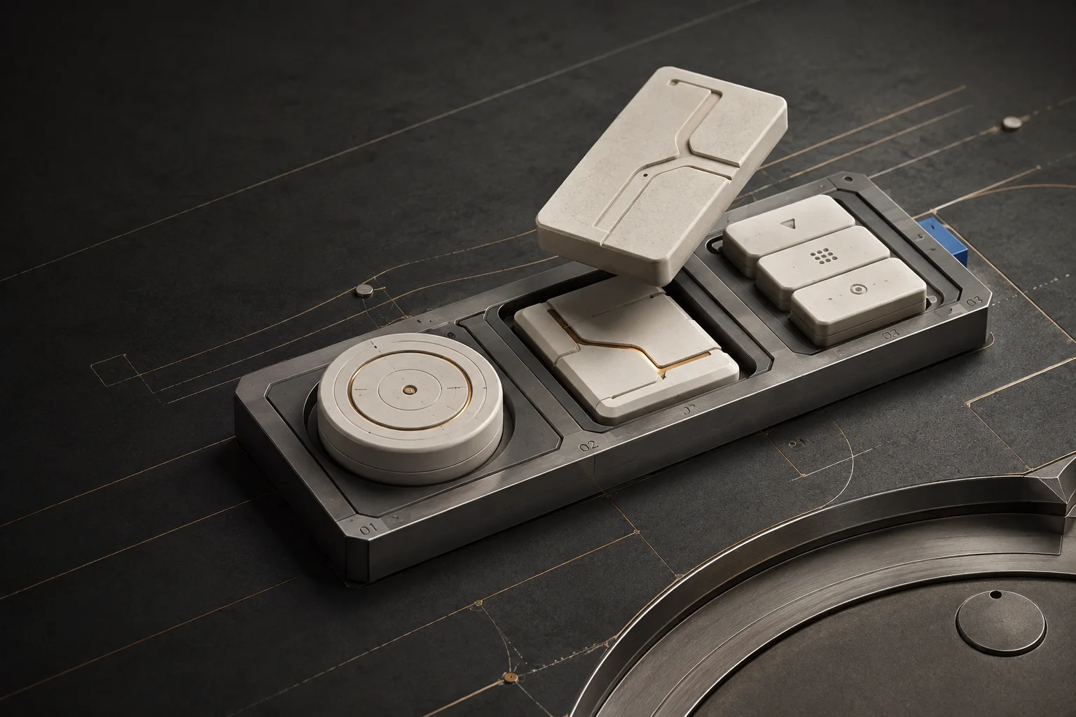 Ivory modules lift from a machined docking rail, a material study of tools made for reuse.